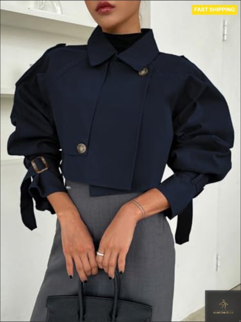 Cropped Trench Coat Y2K Chic Classic Double-Breasted Lapel Casual Outerwear - Picture 5 of 7